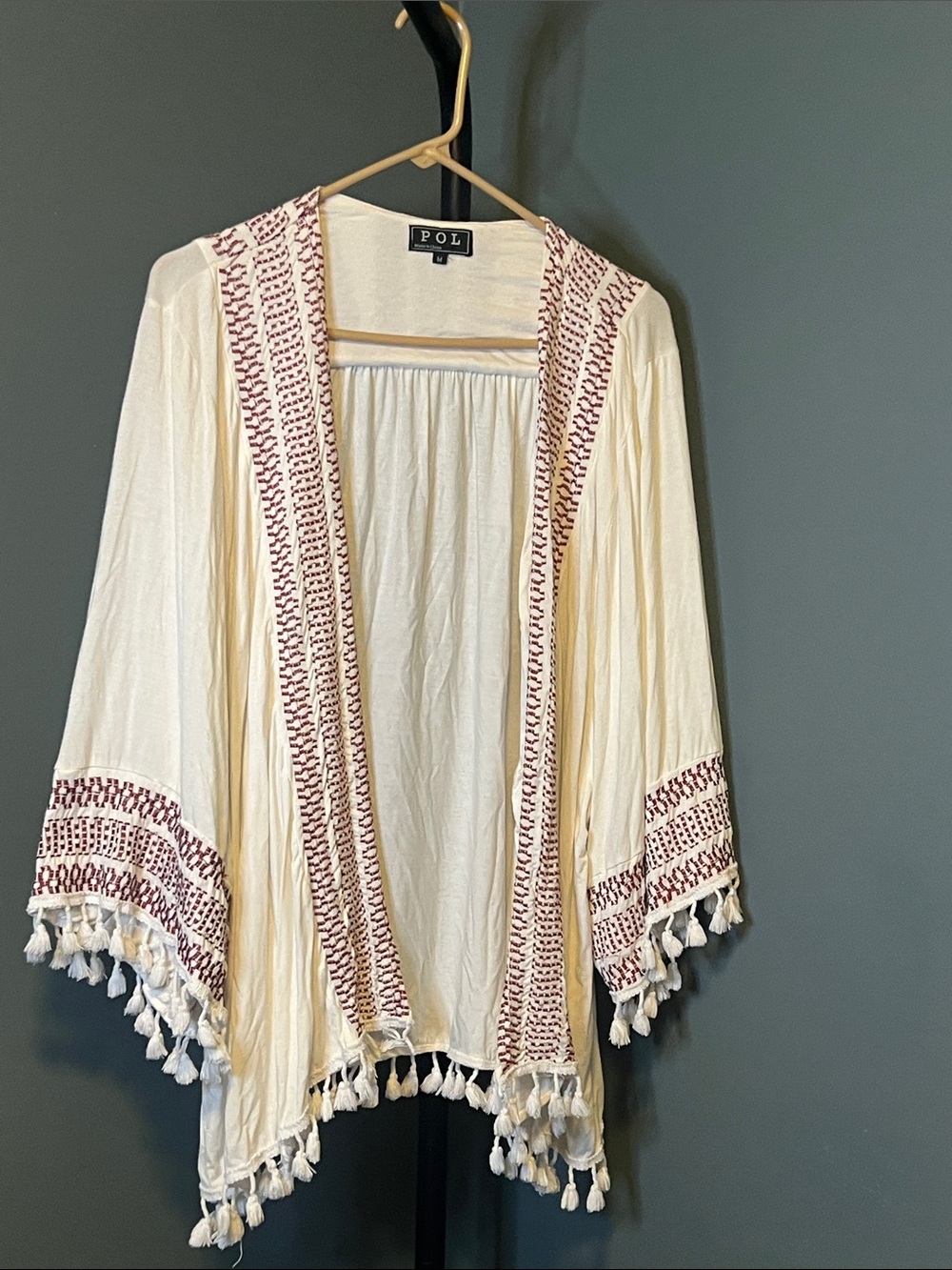 POL Cream Open-Front Cardigan with Red Embroidery and Tassels